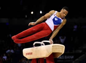 Joe Fraser competes on the pommel horse during the 2022 Gymnastics British Championships 