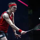 Sarah-Jane Perry of England competes in a women’s doubles match.
