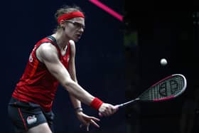 Sarah-Jane Perry of England competes in a women’s doubles match.