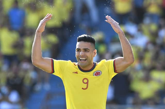 Radamel Falcao of Colombia reacts  during a match between Colombia and Peru as part of FIFA World Cup Qatar 2022 Qualifiers at Roberto Melendez Metropolitan Stadium