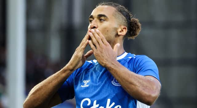 Dominic Calvert-Lewin celebrates opening the scoring for Everton against Dynamo Kyiv. Picture: NIGEL RODDIS/AFP via Getty Images