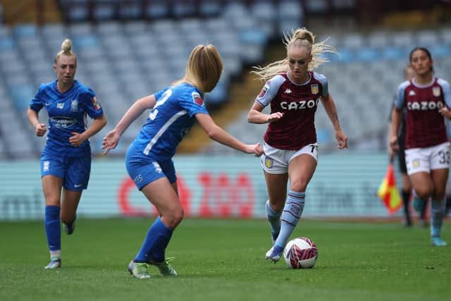 Alisha Lehmann of Aston Villa takes on Abi Cowie of Birmingham City during the Barclays FA Women's Super League match 