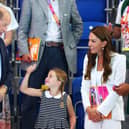 Prince William, Duke of Cambridge, Princess Charlotte and Catherine, Duchess of Cambridge watch the action on day five of the Birmingham 2022 Commonwealth Games at Sandwell Aquatics Centre on August 02, 2022
