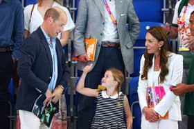 Prince William, Duke of Cambridge, Princess Charlotte and Catherine, Duchess of Cambridge watch the action on day five of the Birmingham 2022 Commonwealth Games at Sandwell Aquatics Centre on August 02, 2022