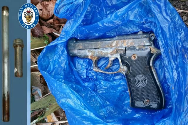 The slam gun (left) and handgun recovered by West Midlands Police after Zidann Edwards and Diago Anderson, both 20, alongside a 17-year-old , were arrested for attempted murder in Birmingham