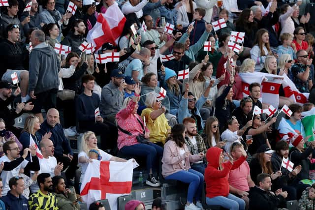  Team England fans show their support during Women's Beach Volleyball - Quarter-Final match between New Zealand and England on day eight of the Birmingham 2022 Commonwealth Games at Smithfield on August 05