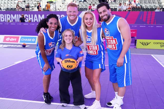 Greg Rutherford, Michelle Ackerley, Ellie Simmonds, Aimee Fuller and Kem Cetinay pose for a photo during Comic Relief All Star Games 3X3 Basketball on August 01, 2022 in Birmingham