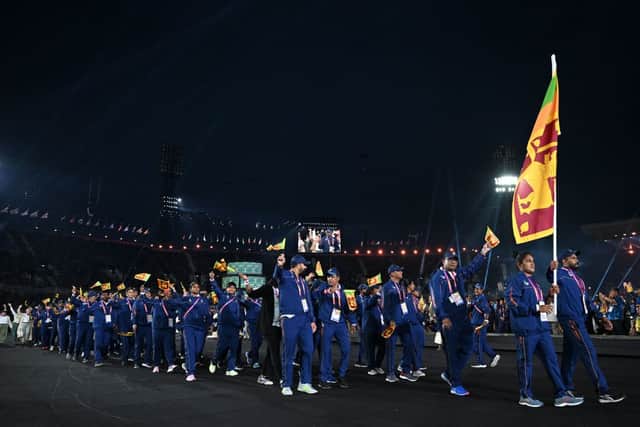 Team Sri Lanka at opening ceremony for the Commonwealth Games at the Alexander Stadium in Birmingham.  (Photo by ANDY BUCHANAN/AFP via Getty Images)