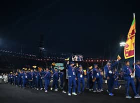 Team Sri Lanka at opening ceremony for the Commonwealth Games at the Alexander Stadium in Birmingham.  (Photo by ANDY BUCHANAN/AFP via Getty Images)