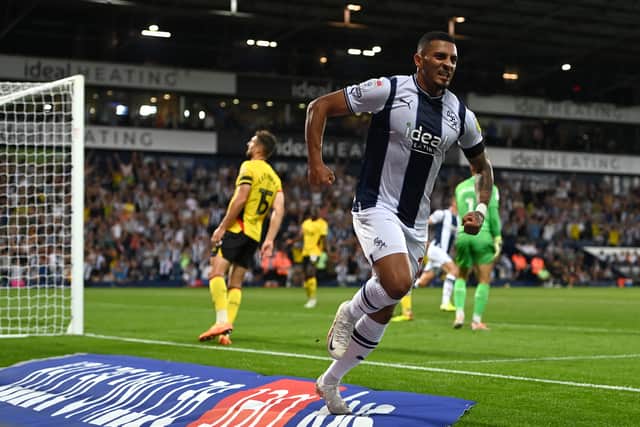Karlan Ahearne-Grant of West Brom celebrates scores his team's first goal during the Sky Bet Championship between West Bromwich Albion and Watford at The Hawthorns