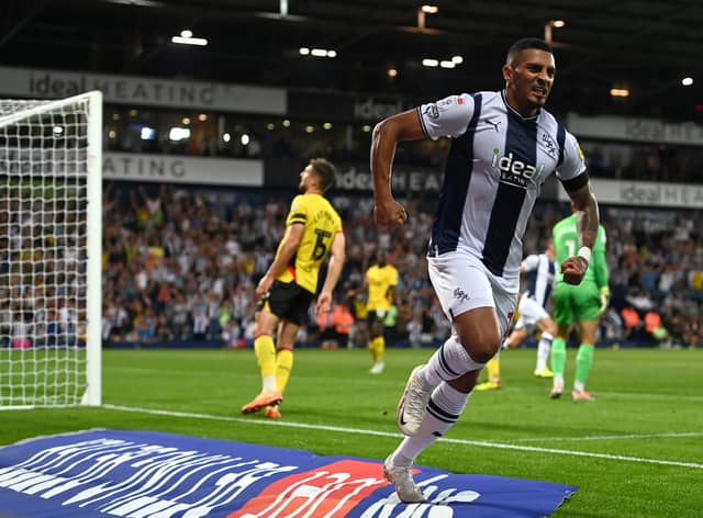 Karlan Ahearne-Grant of West Brom celebrates scores his team's first goal during the Sky Bet Championship between West Bromwich Albion and Watford at The Hawthorns