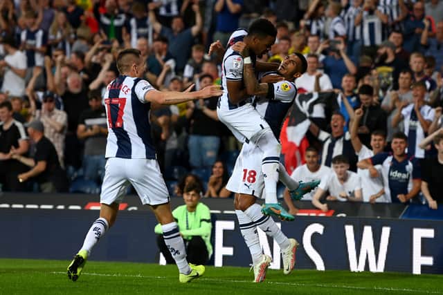  Karlan Ahearne-Grant of West Brom celebrates scores his team's first goal during the Sky Bet Championship between West Bromwich Albion and Watford at The Hawthorns