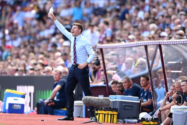 Aston Villa Manager Steven Gerrard reacts during the Premier League match between Aston Villa and Everton FC at Villa Park on August 13, 2022 in Birmingham, England. (Photo by Michael Regan/Getty Images)