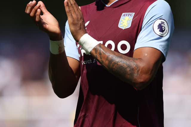 Tyrone Mings of Aston Villa reacts during the Premier League match between Aston Villa and Everton FC at Villa Park on August 13, 2022 in Birmingham, England. (Photo by Marc Atkins/Getty Images)