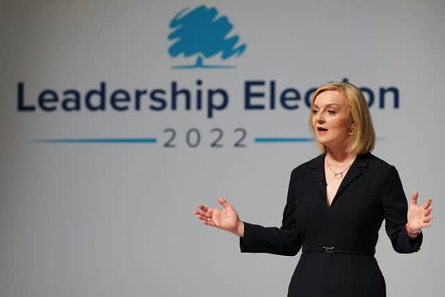 Conservative Leadership hopeful Liz Truss speaks at the fifth Conservative leadership hustings before an audience of Party members and media at the Darlington Hippodrome on August 09, 2022 in Darlington, England. (Photo by Ian Forsyth/Getty Images)