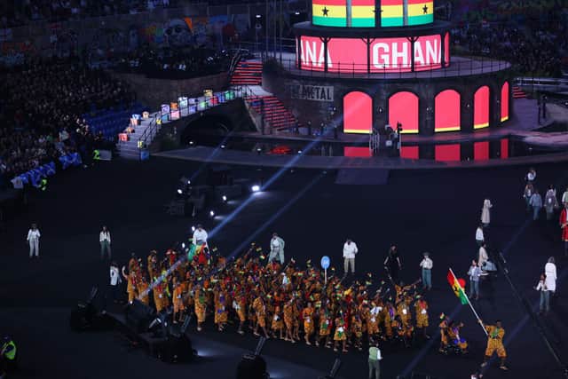 Flag Bearers of Team Ghana lead their team out during the Opening Ceremony of the Birmingham 2022 Commonwealth Games at Alexander Stadium on July 28, 2022 on the Birmingham, England. (Photo by Clive Brunskill/Getty Images)