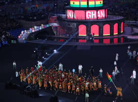 Flag Bearers of Team Ghana lead their team out during the Opening Ceremony of the Birmingham 2022 Commonwealth Games at Alexander Stadium on July 28, 2022 on the Birmingham, England. (Photo by Clive Brunskill/Getty Images)