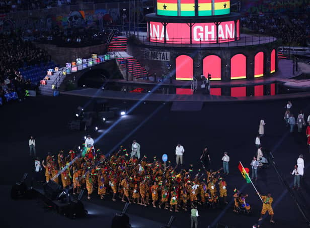 <p>Flag Bearers of Team Ghana lead their team out during the Opening Ceremony of the Birmingham 2022 Commonwealth Games at Alexander Stadium on July 28, 2022 on the Birmingham, England. (Photo by Clive Brunskill/Getty Images)</p>