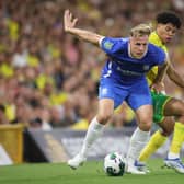 Marc Roberts of Birmingham City in action with Gabriel Sara of Norwich City  during the Carabao Cup First Round match between Norwich City and Birmingham City at Carrow Road 