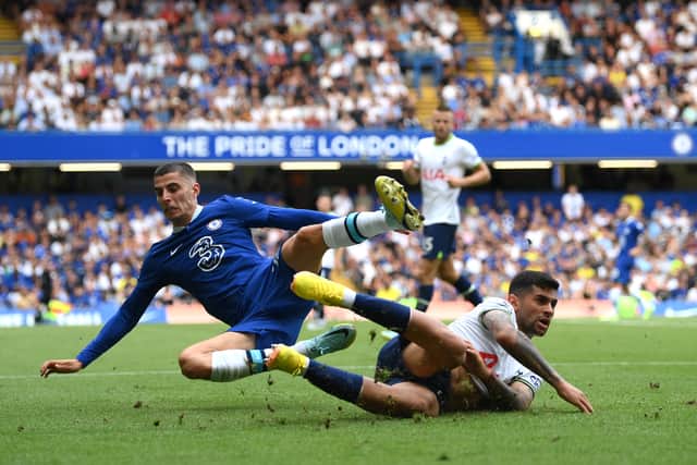  Kai Havertz of Chelsea is challenged by Cristian Romero of Tottenham Hotspur during the Premier League (Photo by Shaun Botterill/Getty Images)