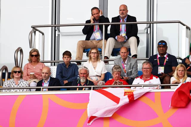 Prince Edward, Earl of Wessex watches the games with children James, Viscount Severn and Lady Louise Windsor during Athletics Track & Field on day five of the Birmingham 2022 Commonwealth Games at Alexander Stadium - Birmingham, England. (Photo by Michael Steele/Getty Images)