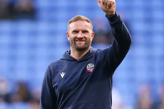 Ian Evatt, Manager of Bolton Wanderers reacts prior to the Sky Bet League One match between Bolton Wanderers and Burton Albion at University of Bolton Stadium 