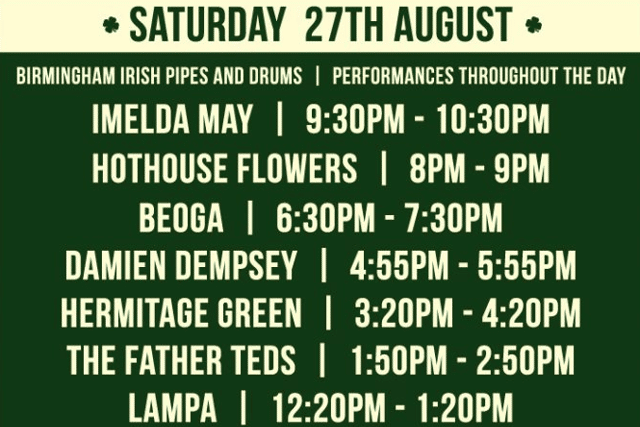 Pairc Festival set times for Saturday August 27