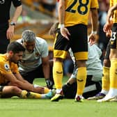 Pedro Neto of Wolverhampton Wanderers receives attention after a tackle by Fabian Schar during the Premier League match between Wolverhampton Wanderers and Newcastle United at Molineux. (Photo by David Rogers/Getty Images)