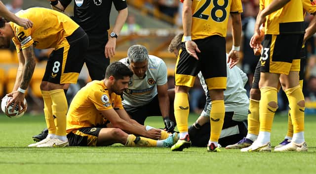 Pedro Neto of Wolverhampton Wanderers receives attention after a tackle by Fabian Schar during the Premier League match between Wolverhampton Wanderers and Newcastle United at Molineux. (Photo by David Rogers/Getty Images)