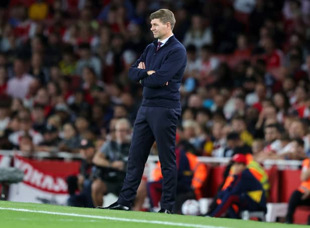 <p>Steven Gerrard, Manager of Aston Villa looks on during the Premier League match between Arsenal FC and Aston Villa</p>