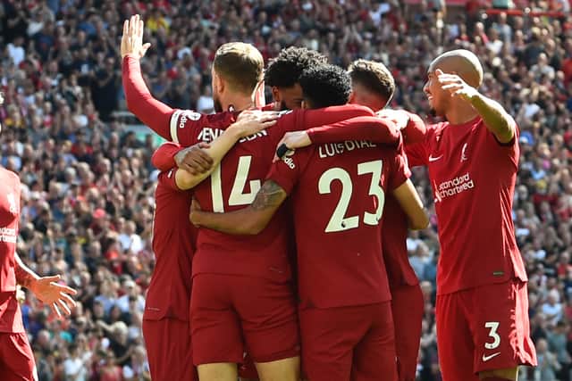 Liverpool celebrate scoring against Bournemouth. Picture: Andrew Powell/Liverpool FC via Getty Images