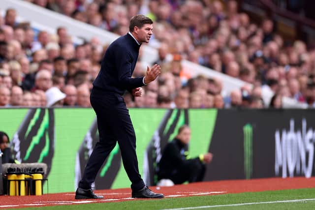 Steven Gerrard, Manager of Aston Villa reacts during the Premier League match between Aston Villa and Manchester City at Villa Park