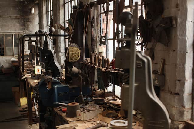 A view inside the time capsule interior of JW Evans silver workshop in Hockley showing unfinished silverware, dies, tools and stamps on May 19, 2011 in Birmingham, England.  (Photo by Christopher Furlong/Getty Images)