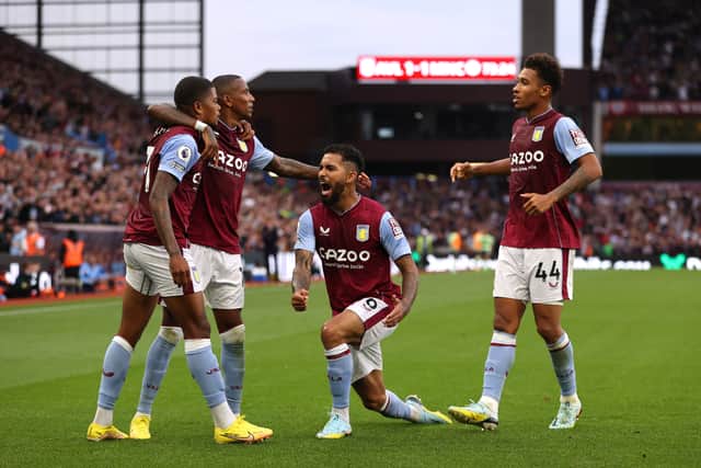 Aston Villa players celebrate after Leon Bailey’s equaliser against Manchester City in a 1-1 draw at Villa Park