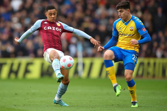 Jacob Ramsey of Aston Villa in action with Tino Livramento of Southampton during the Premier League match between Aston Villa and Southampton at Villa Park on March 5, 2022 in Birmingham, United Kingdom. (Photo by Marc Atkins/Getty Images)