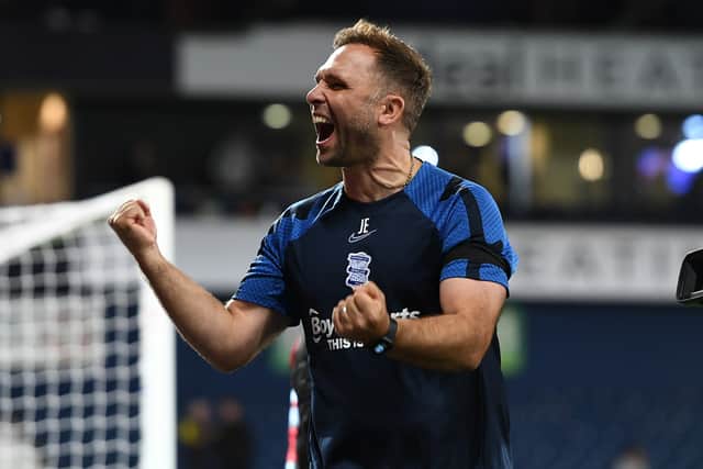 Birmingham City Head Coach John Eustace celebrates their win after the final whistle during the Sky Bet Championship between West Bromwich Albion and Birmingham City at The Hawthorns on September 14, 2022 in West Bromwich, England. (Photo by Tony Marshall/Getty Images)