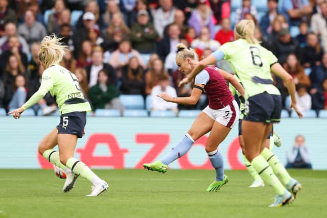 Alisha Lehmann scored Villa’s opening goal of the game against City. Credit: Getty. 