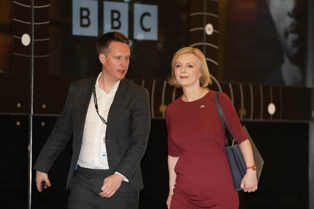 Prime Minister Liz Truss leaves the studio after appearing on the BBC1 current affairs programme, Sunday with Laura Kuenssberg