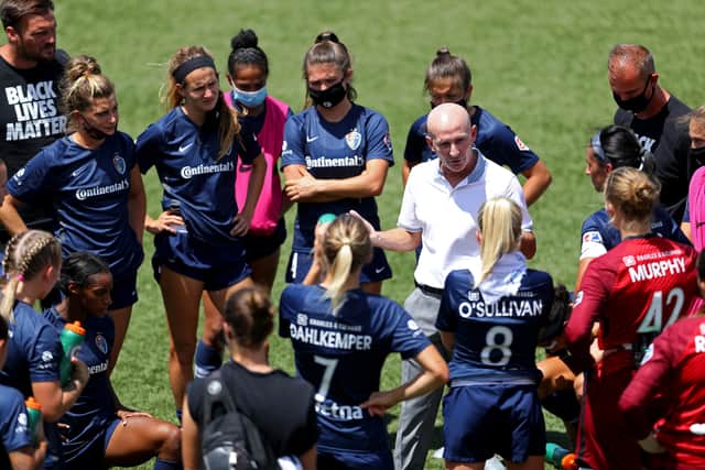 HERRIMAN, UTAH - JULY 17: Paul Riley head coach of North Carolina Courage talks with the team after being defeated by the Portland Thorns FC in the quarterfinal match against the Portland Thorns FC in the the NWSL Challenge Cup at Zions Bank Stadium on July 17, 2020 in Herriman, Utah. (Photo by Maddie Meyer/Getty Images)