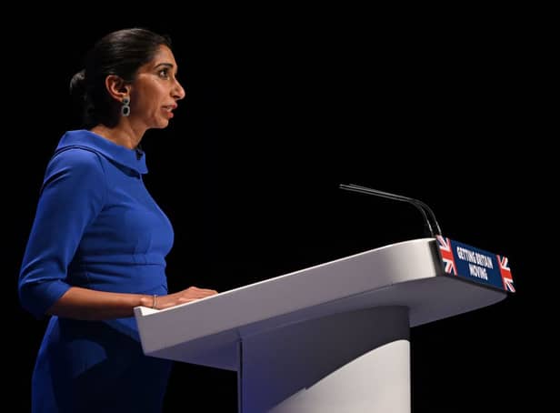 <p>Britain’s Home Secretary Suella Braverman addresses delegates on the third day of the annual Conservative Party Conference. Credit: Getty Images</p>