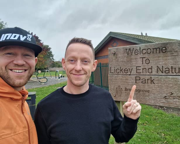 James Forrest meets his brother Tom Clarke-Forrest in Lickey End at the end of his UK’s Rudest Walk challenge