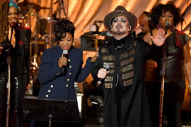 Boy George (R) and Culture Club, with special guest Gladys Knight (L)  (Photo by Kevin Winter/Getty Images for ABA)