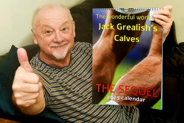 Businessman Kevin Beresford with his calendar featuring Jack Grealish’s calves released ahead of World Cup