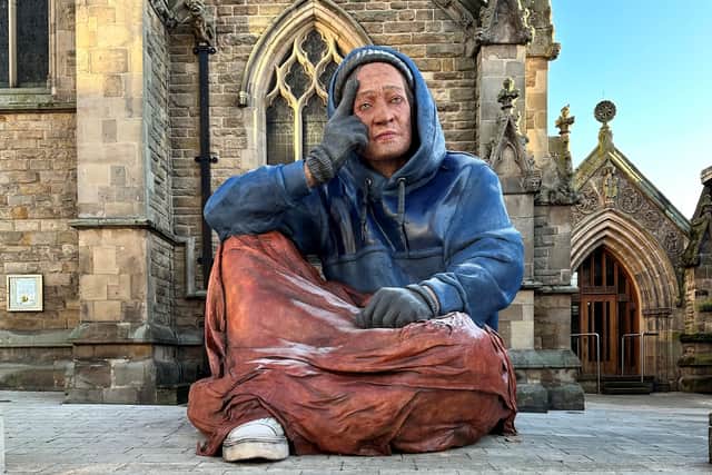The sculpture, which is named Alex, serves as a reminder to look up and take action for the hundreds of thousands experiencing homelessness each year