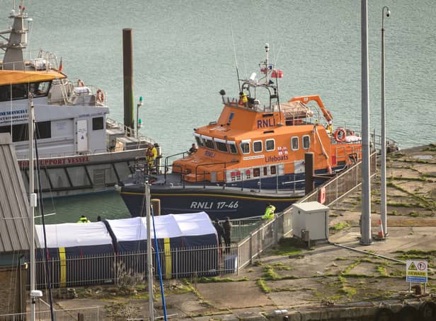 <p>An RNLI life boat arrives back in port after taking part in a rescue mission in the English Channel.</p>