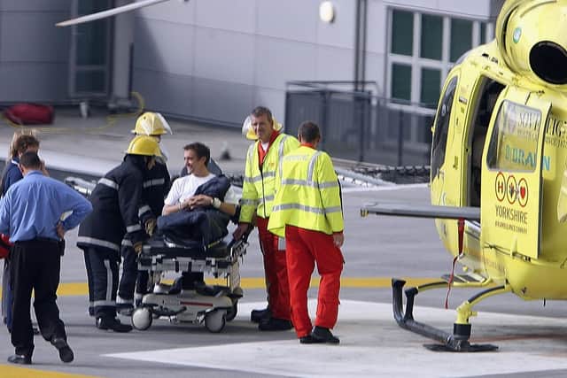 Richard Hammond is transferred from Leeds General Infirmary by the Yorkshire Air Ambulance after the crash in 2006. (Photo by Christopher Furlong/Getty Images)