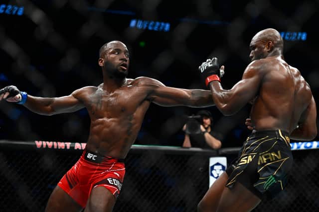 Leon Edwards fights Kamaru Usman in a welterweight title bout during UFC 278 on August 20, 2022. (Photo by Alex Goodlett/Getty Images)