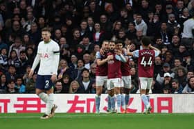 Douglas Luiz of Aston Villa celebrates with team mates after scoring their sides second goal during the Premier League match between Tottenham Hotspur and Aston Villa at Tottenham Hotspur Stadium on January 01, 2023 in London, England. (Photo by Eddie Keogh/Getty Images)