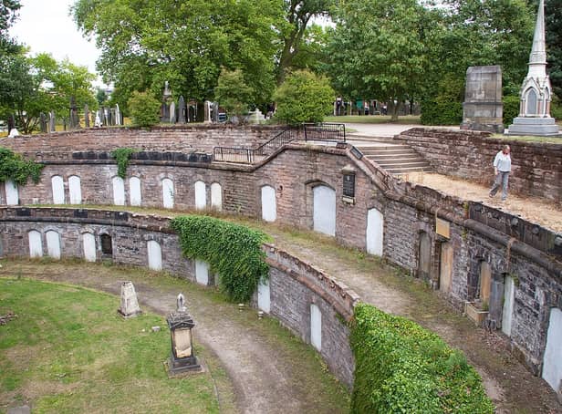 Warstone Lane Cemetery Catacombs or Brookfield Cemetery has a secret catacomb. It was established in 1848 and burials took place until 1982. It looks like a semicircle just like a Roman amphitheatre. 