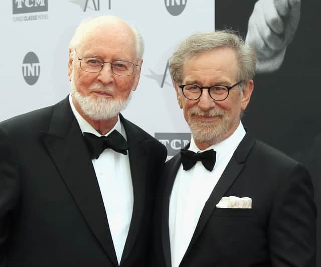 Honoree John Williams and director Steven Spielberg arrive at the American Film Institute’s 44th Life Achievement Award Gala Tribute to John Williams at Dolby Theatre on June 9, 2016 (Credit: Getty Images)